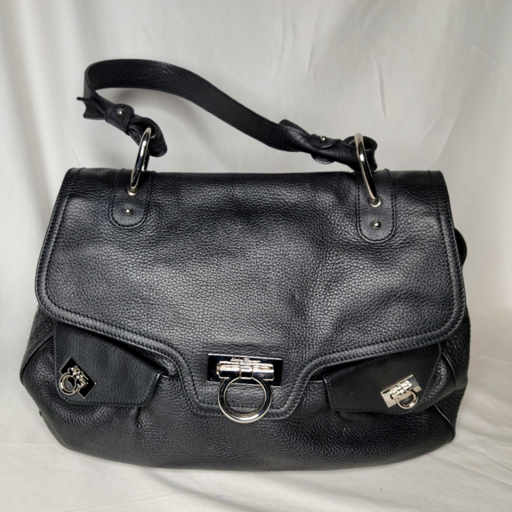 Salvatore Ferragamo Black Leather Top-Handle Satchel with Silver Hardware